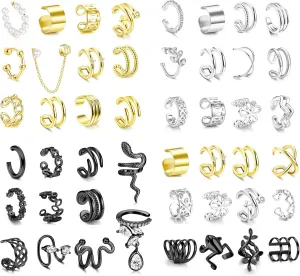 LOYALLOOK 47PCS Ear Cuffs for Women Non Piercing Clip On Cartilage Helix Wrap Ear Clip Earrings Snake Cross Claw Fake Cartilage Earrings