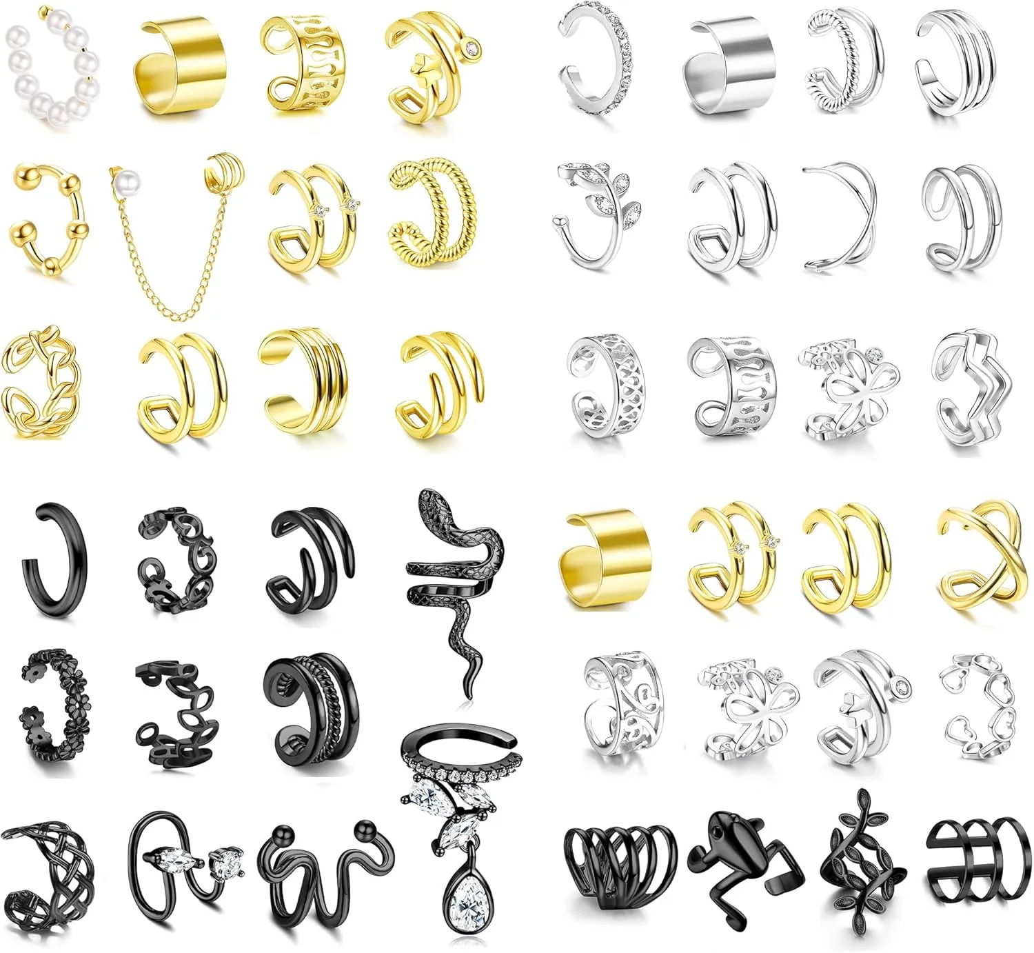 LOYALLOOK 47PCS Ear Cuffs for Women Non Piercing Clip On Cartilage Helix Wrap Ear Clip Earrings Snake Cross Claw Fake Cartilage Earrings