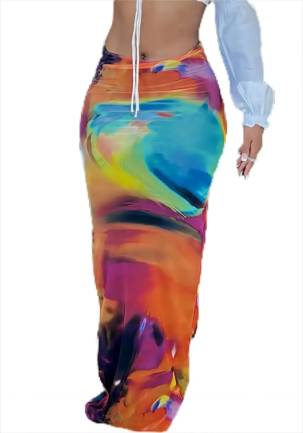 LROSEY Spring Skirts for Women 2025 Trendy Summer Stretch Satin High Waisted Long Floral Print Bodycon Maxi Skirt