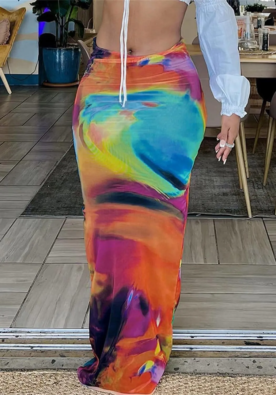 LROSEY Spring Skirts for Women 2025 Trendy Summer Stretch Satin High Waisted Long Floral Print Bodycon Maxi Skirt