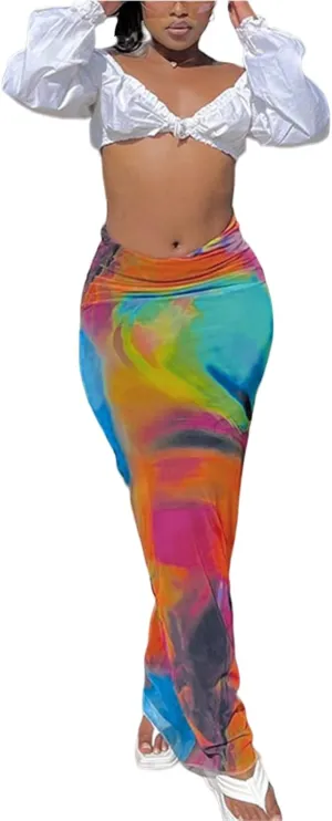 LROSEY Spring Skirts for Women 2025 Trendy Summer Stretch Satin High Waisted Long Floral Print Bodycon Maxi Skirt