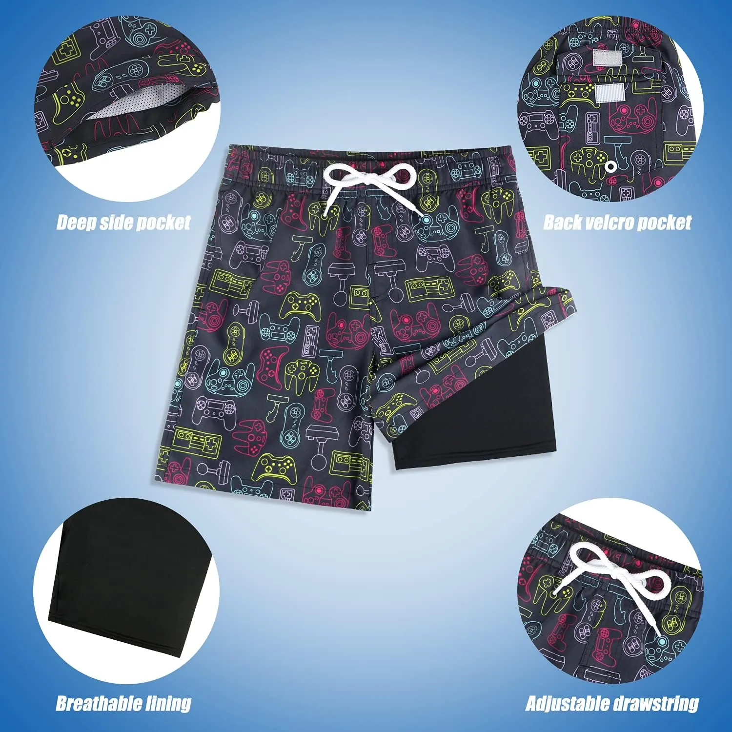LUCOWEE Boys Swim Trunks with Compression Liner Comfortable Anti-Chafe Swimming Shorts Stretchy UPF Quick Dry Size 3T-20