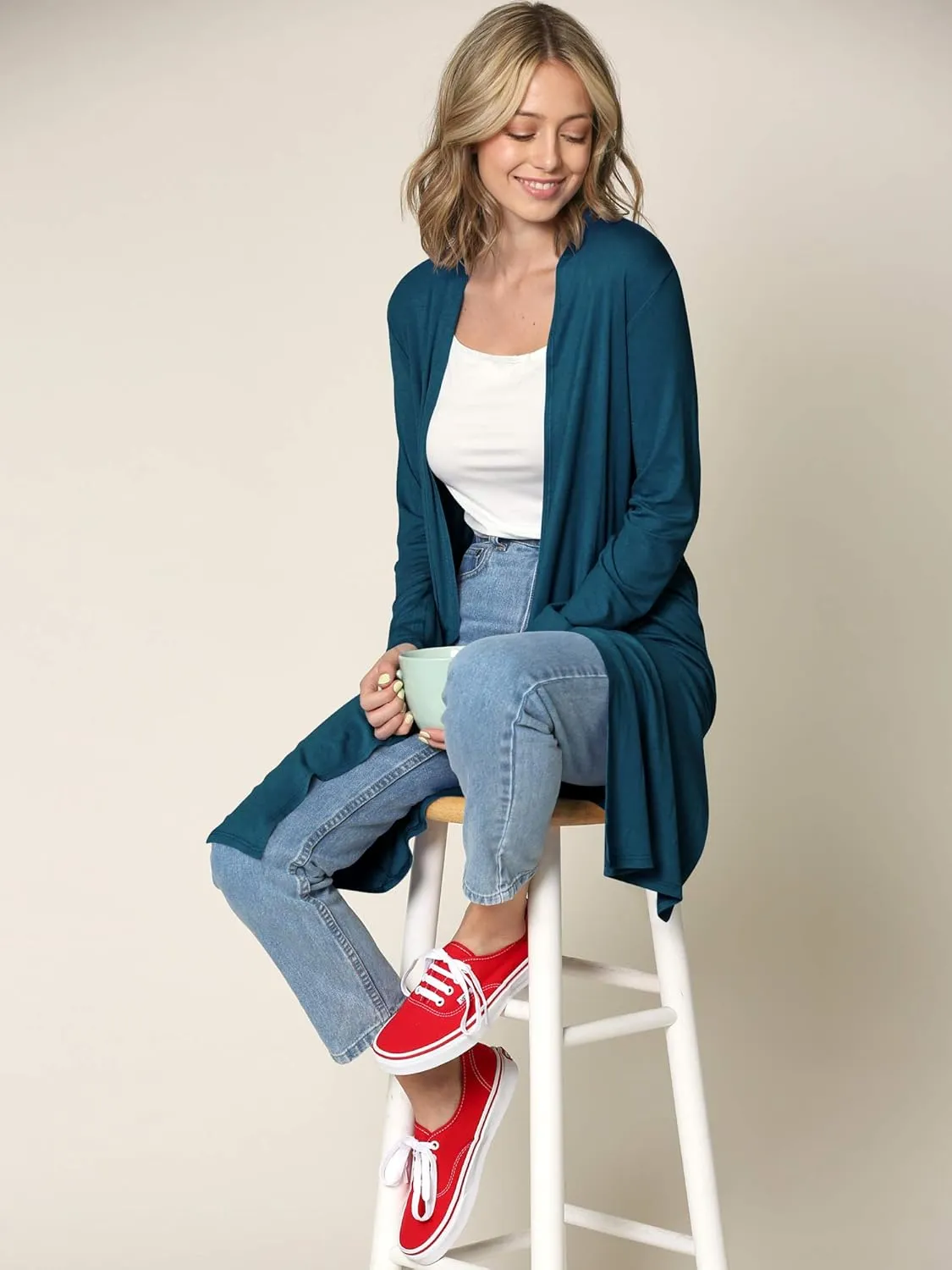 Made By Johnny Women's Solid Long Sleeve Open Front Drape Long Cardigan Duster - Comfortable & Stylish Outerwear