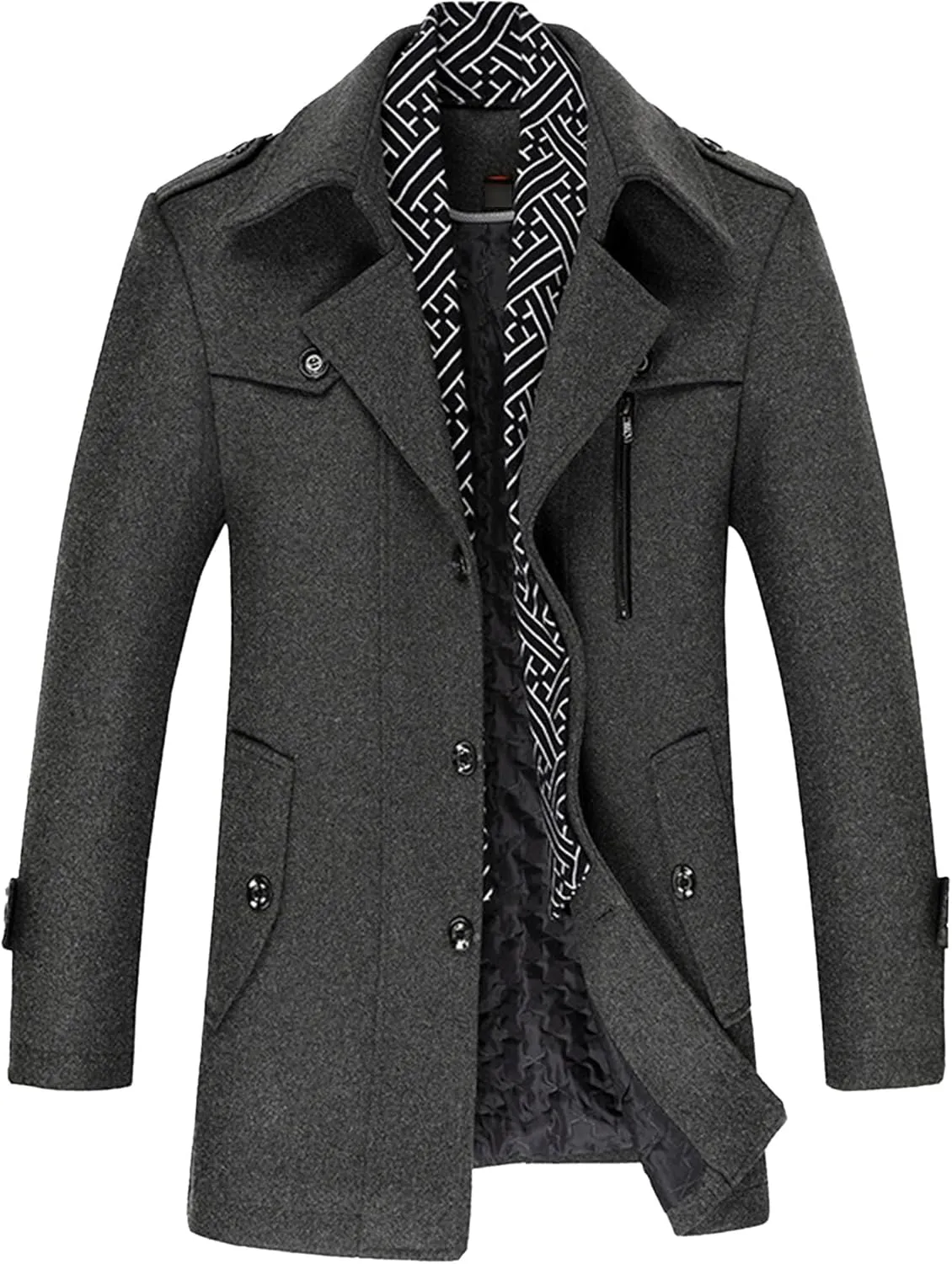 Maiyifu-GJ Men Stylish Scarf Single Breasted Wool Blend Coat Thick Winter Warm Slim Fit Coat Business Top Trench Overcoat