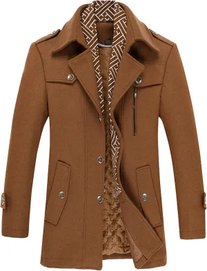 Maiyifu-GJ Men Stylish Scarf Single Breasted Wool Blend Coat Thick Winter Warm Slim Fit Coat Business Top Trench Overcoat