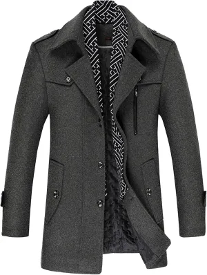 Maiyifu-GJ Men Stylish Scarf Single Breasted Wool Blend Coat Thick Winter Warm Slim Fit Coat Business Top Trench Overcoat