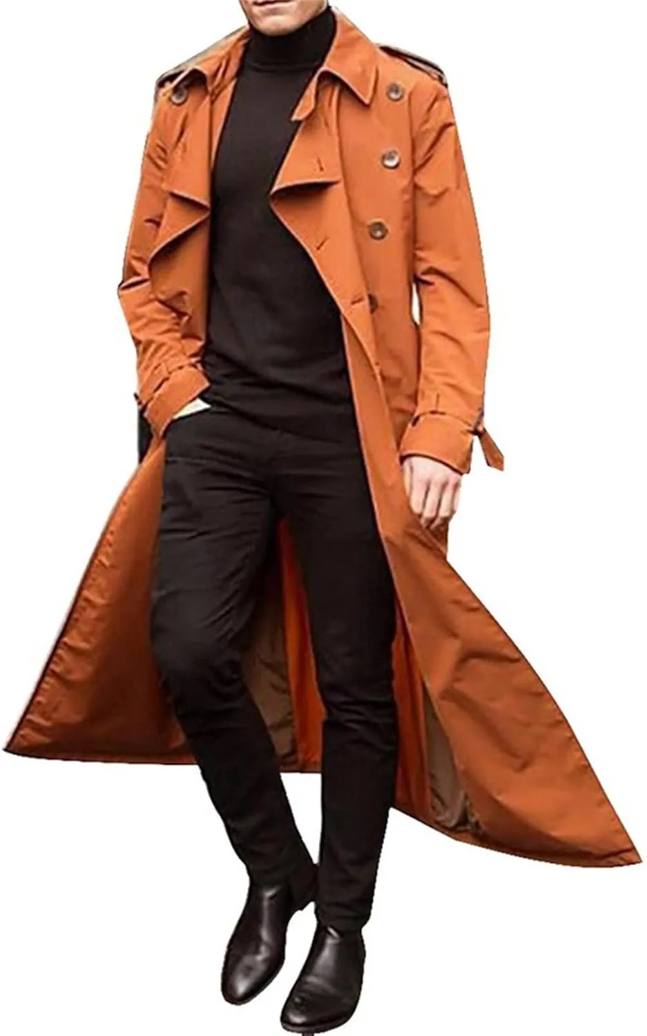 Maiyifu-GJ Mens Lapel Double Breasted Trench Coat Stylish Slim Fit Long Belted Windbreaker Casual Windproof Peacoat Overcoat