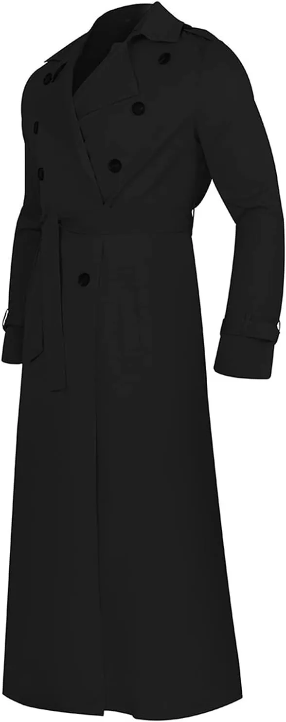 Maiyifu-GJ Mens Lapel Double Breasted Trench Coat Stylish Slim Fit Long Belted Windbreaker Casual Windproof Peacoat Overcoat