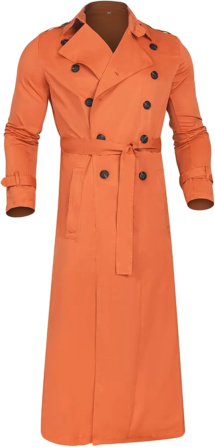 Maiyifu-GJ Mens Lapel Double Breasted Trench Coat Stylish Slim Fit Long Belted Windbreaker Casual Windproof Peacoat Overcoat