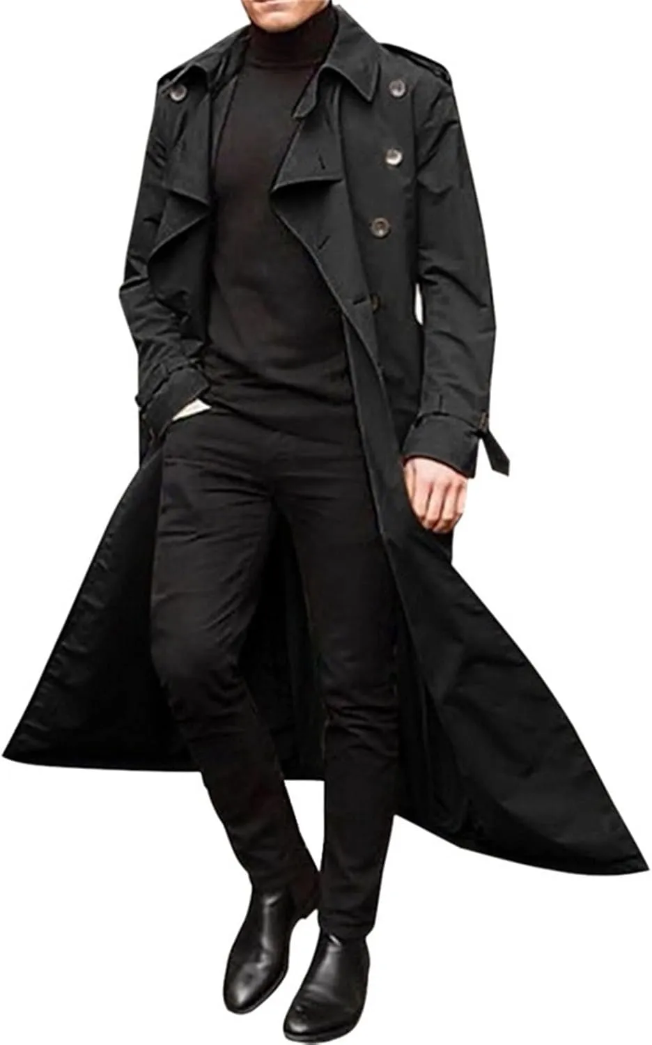 Maiyifu-GJ Mens Lapel Double Breasted Trench Coat Stylish Slim Fit Long Belted Windbreaker Casual Windproof Peacoat Overcoat