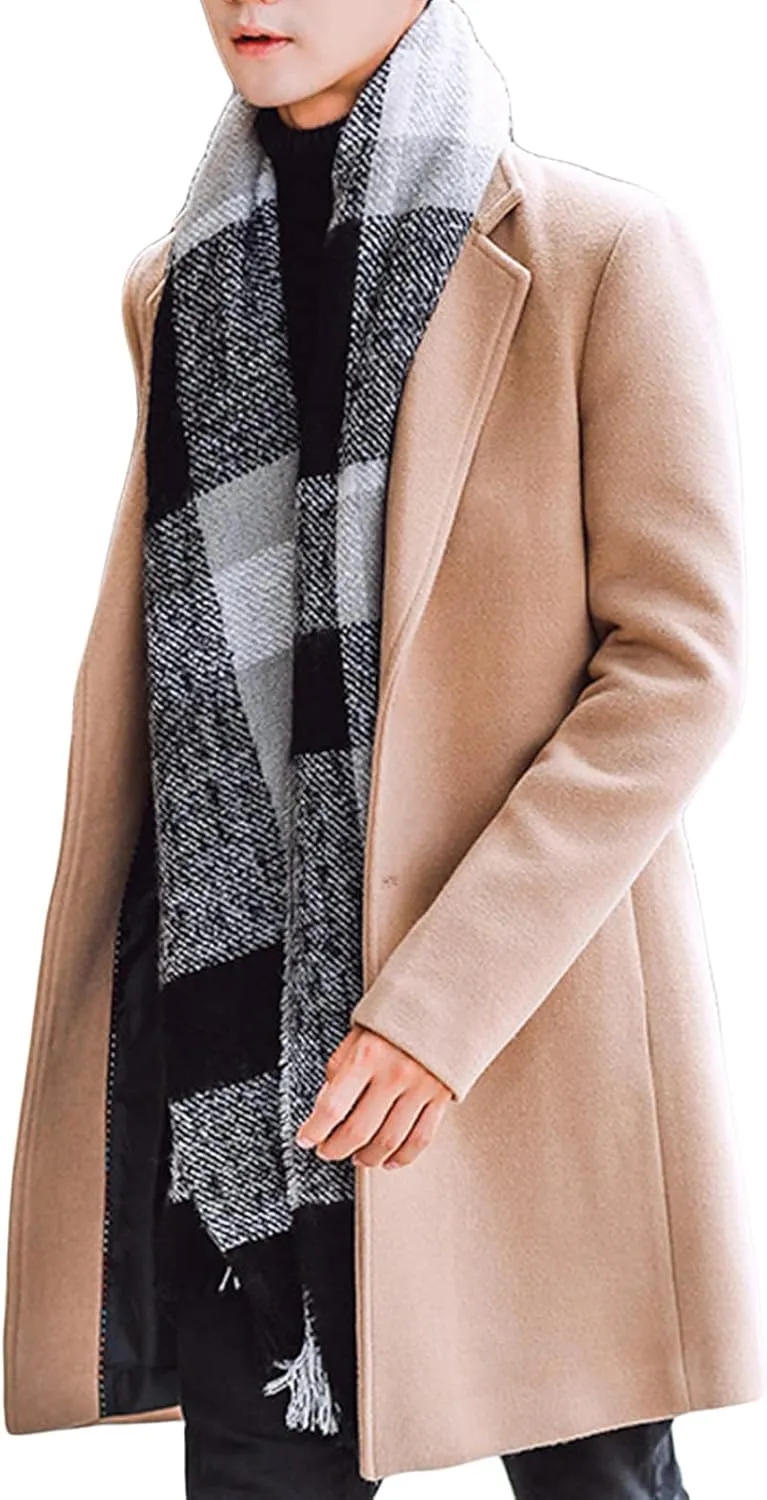 Maiyifu-GJ Men's Mid-Length Single Breasted Coat Stylish Notch Lapel Slim Fit Top Pea Coats Winter Business Trench Overcoat
