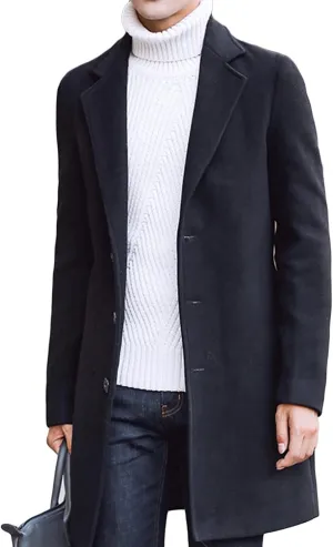 Maiyifu-GJ Men's Mid-Length Single Breasted Coat Stylish Notch Lapel Slim Fit Top Pea Coats Winter Business Trench Overcoat