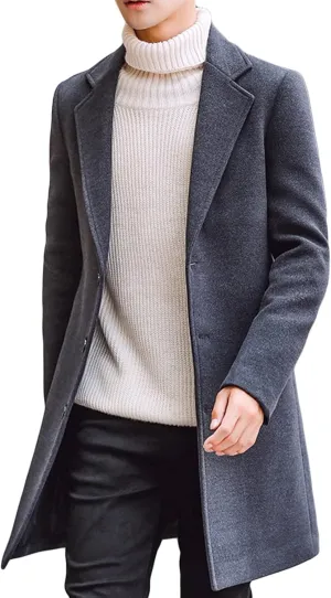 Maiyifu-GJ Men's Mid-Length Single Breasted Coat Stylish Notch Lapel Slim Fit Top Pea Coats Winter Business Trench Overcoat