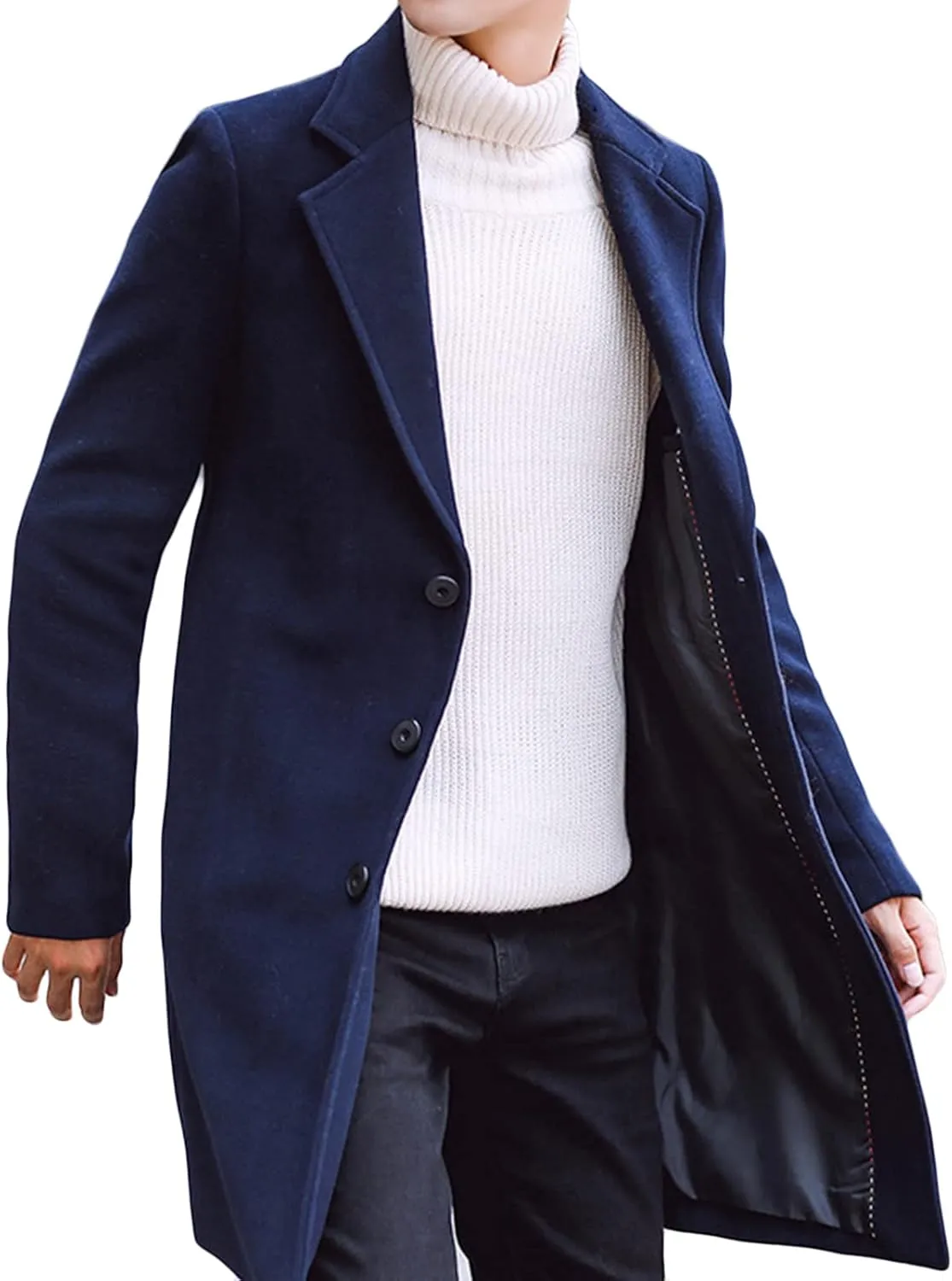 Maiyifu-GJ Men's Mid-Length Single Breasted Coat Stylish Notch Lapel Slim Fit Top Pea Coats Winter Business Trench Overcoat