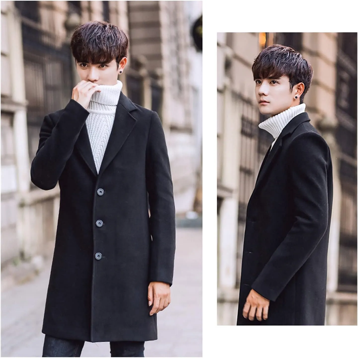 Maiyifu-GJ Men's Mid-Length Single Breasted Coat Stylish Notch Lapel Slim Fit Top Pea Coats Winter Business Trench Overcoat