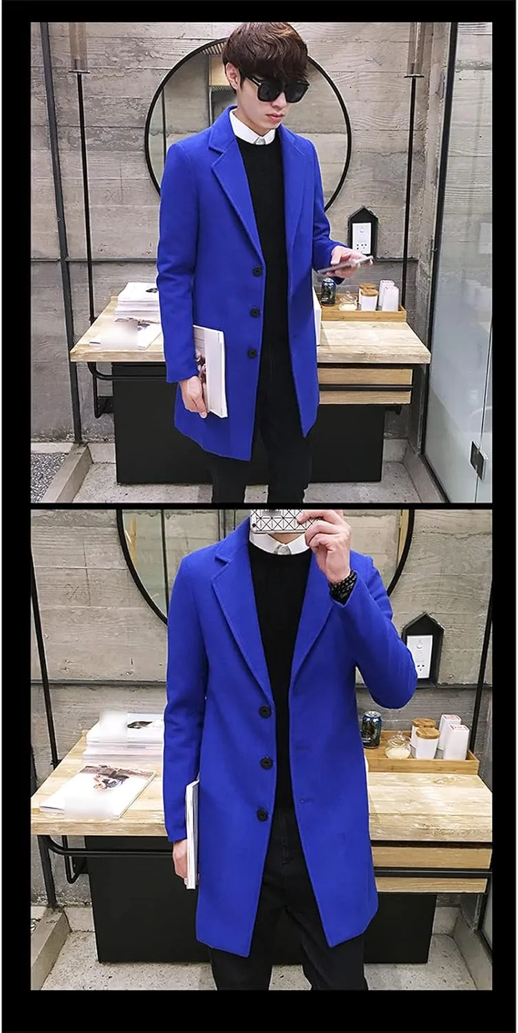 Maiyifu-GJ Men's Mid-Length Single Breasted Coat Stylish Notch Lapel Slim Fit Top Pea Coats Winter Business Trench Overcoat