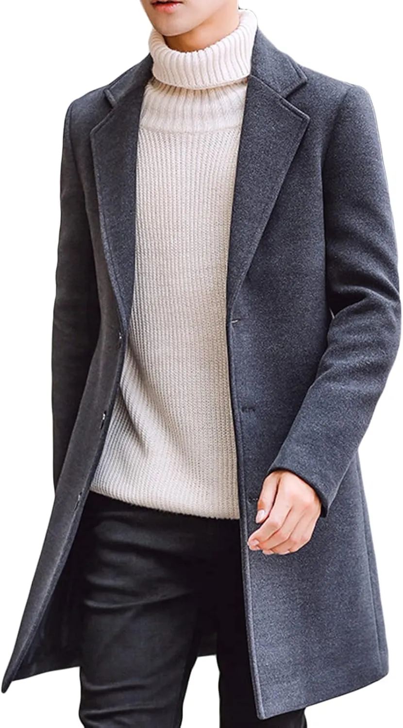 Maiyifu-GJ Men's Mid-Length Single Breasted Coat Stylish Notch Lapel Slim Fit Top Pea Coats Winter Business Trench Overcoat
