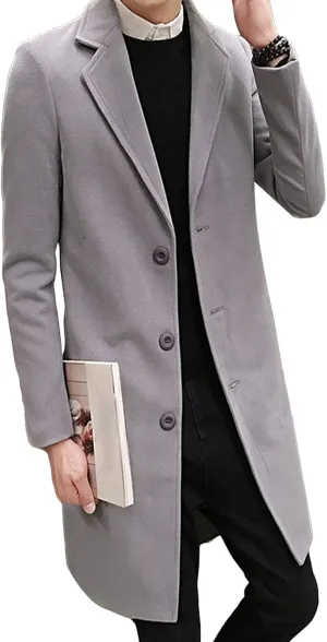 Maiyifu-GJ Men's Mid-Length Single Breasted Coat Stylish Notch Lapel Slim Fit Top Pea Coats Winter Business Trench Overcoat