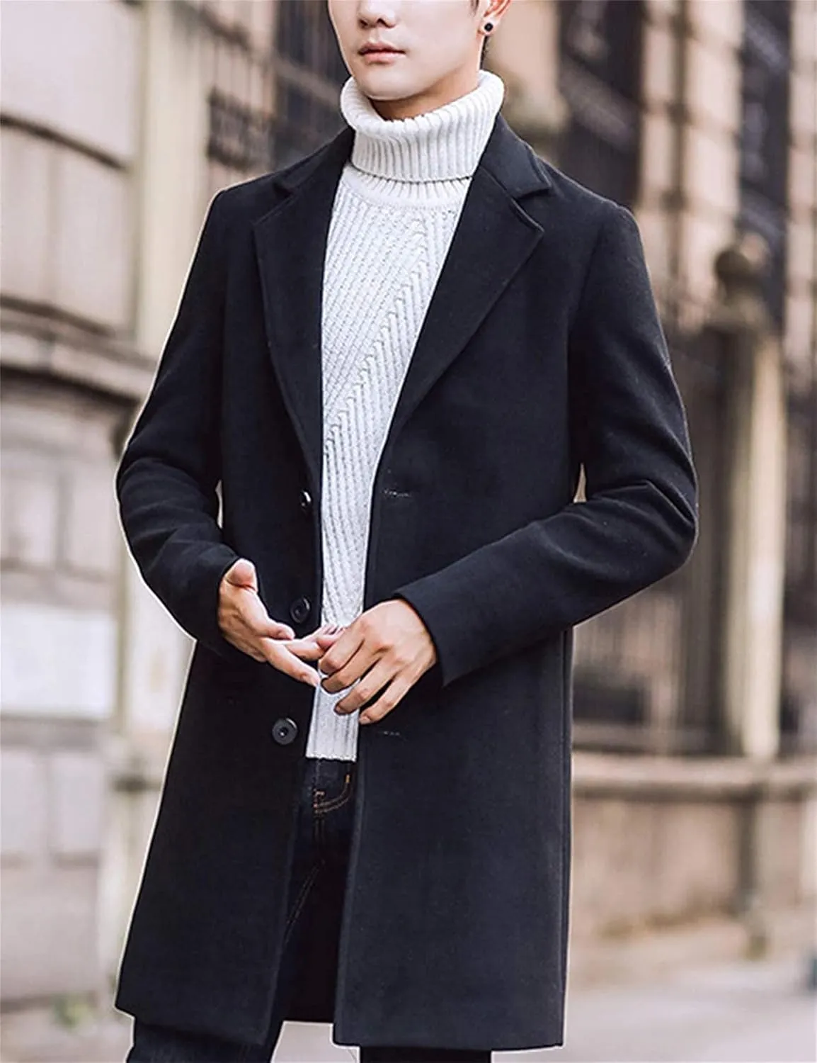 Maiyifu-GJ Men's Mid-Length Single Breasted Coat Stylish Notch Lapel Slim Fit Top Pea Coats Winter Business Trench Overcoat