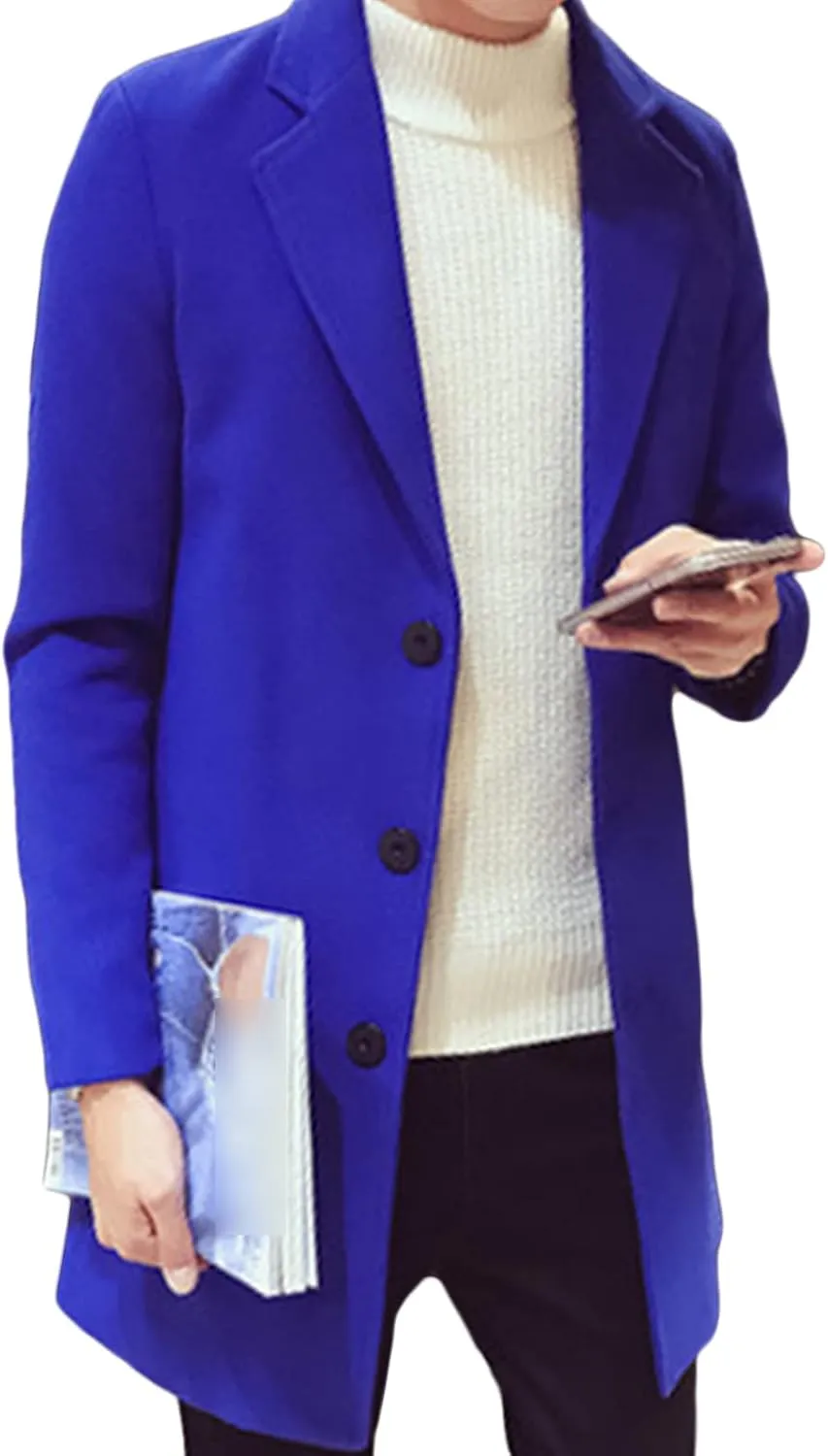 Maiyifu-GJ Men's Mid-Length Single Breasted Coat Stylish Notch Lapel Slim Fit Top Pea Coats Winter Business Trench Overcoat