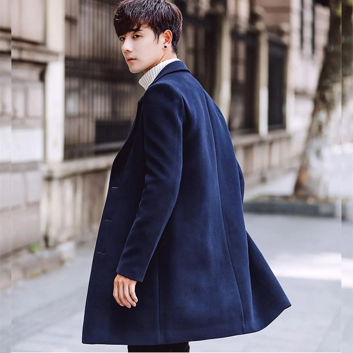Maiyifu-GJ Men's Mid-Length Single Breasted Coat Stylish Notch Lapel Slim Fit Top Pea Coats Winter Business Trench Overcoat
