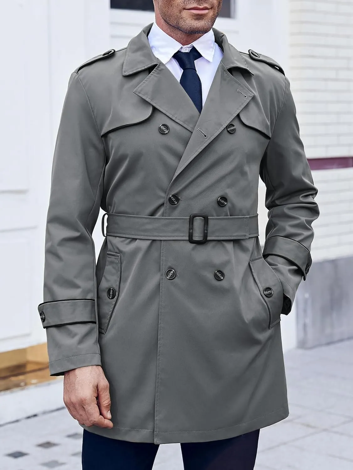 Makkrom Men's Trench Coat Slim fit Double Breasted Notched Lapel Belted Windbreaker Long Jacket Casual Windproof Overcoat