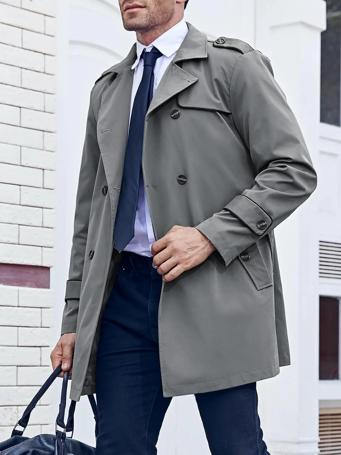 Makkrom Men's Trench Coat Slim fit Double Breasted Notched Lapel Belted Windbreaker Long Jacket Casual Windproof Overcoat