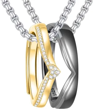 Matching Cat & Love Arrow Sterling Silver Cute Couples Heart Necklaces - Gifts for Couples