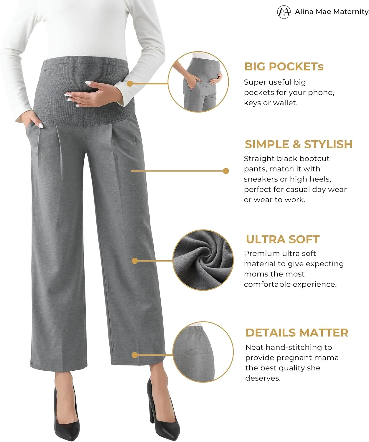 Maternity Wide Leg Pants Comfortable Stretch Over-Bump Women Pregnancy Casual Capris for Work