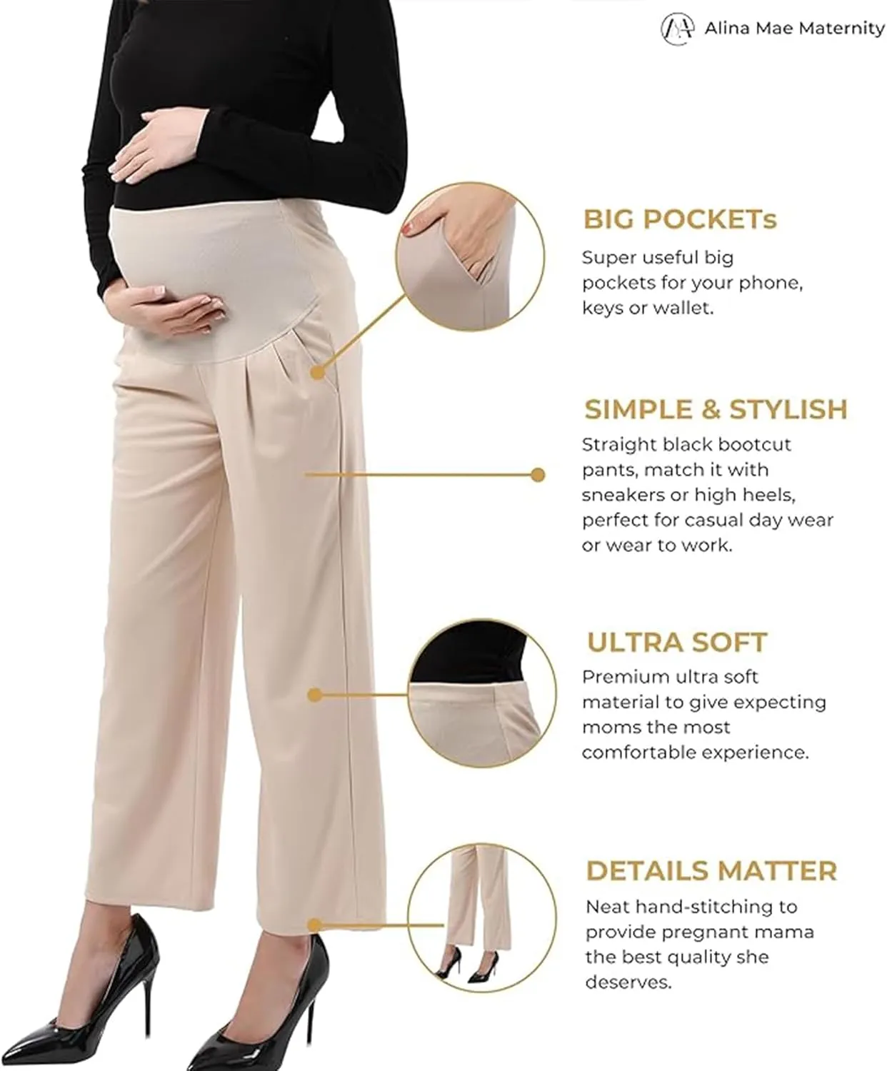 Maternity Wide Leg Pants Comfortable Stretch Over-Bump Women Pregnancy Casual Capris for Work