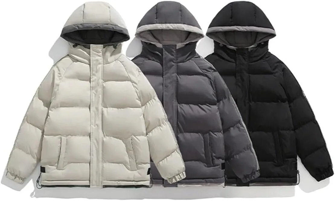 Men Hooded Zipper Cotton-Padded Jacket Classic Outdoor Thicken Warm Pockets Parka Coat