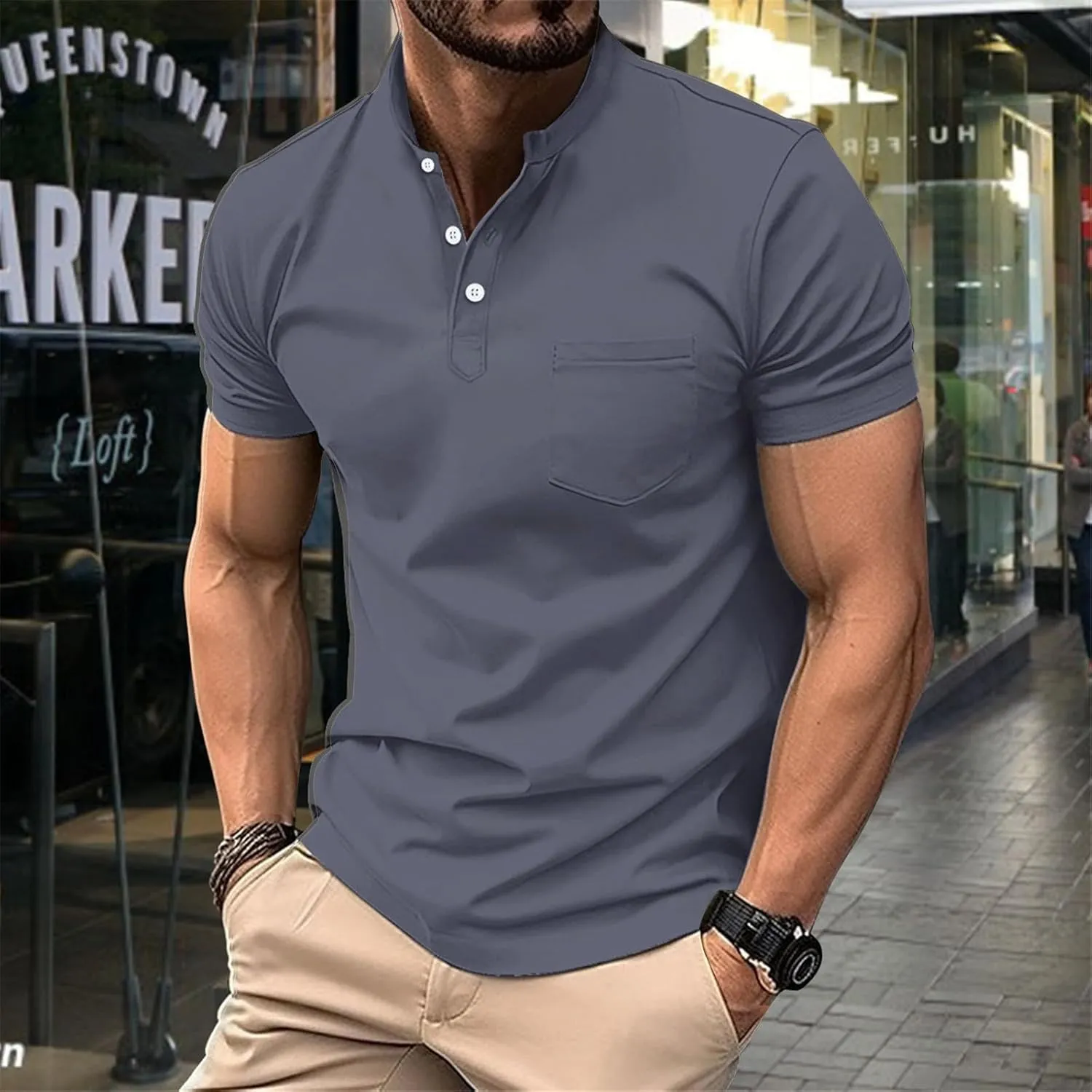 Men Polo Shirt with Pocket Trendy Short Sleeve Button Collar Polos Shirt Classic Loose Business Work T-Shirts Tees