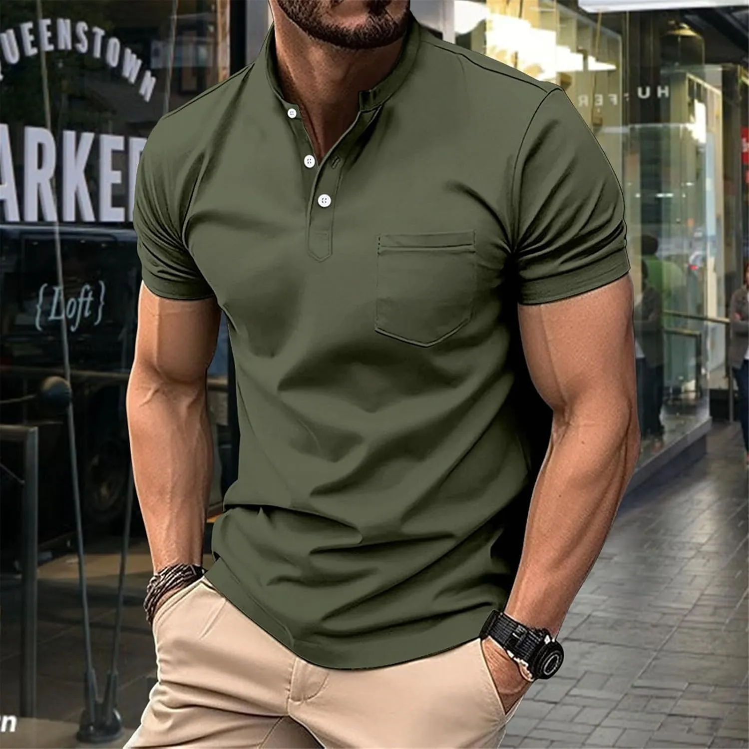 Men Polo Shirt with Pocket Trendy Short Sleeve Button Collar Polos Shirt Classic Loose Business Work T-Shirts Tees