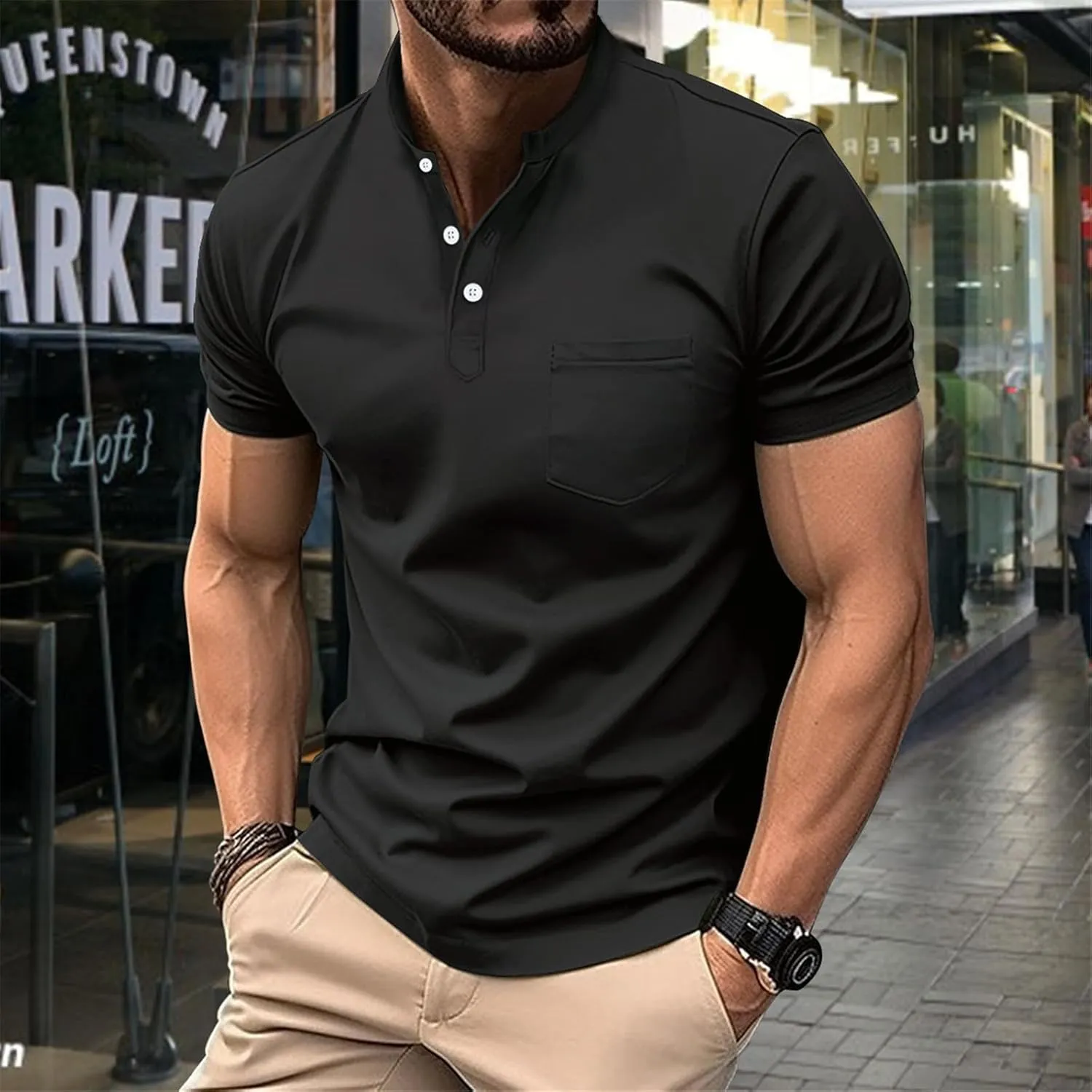 Men Polo Shirt with Pocket Trendy Short Sleeve Button Collar Polos Shirt Classic Loose Business Work T-Shirts Tees