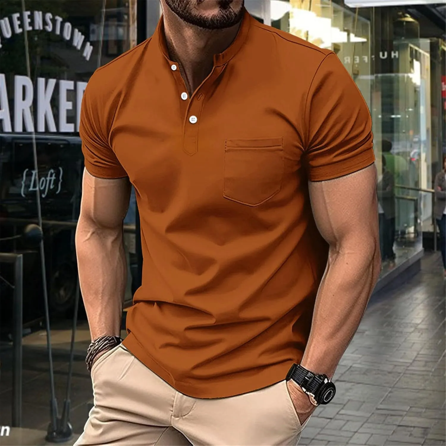Men Polo Shirt with Pocket Trendy Short Sleeve Button Collar Polos Shirt Classic Loose Business Work T-Shirts Tees