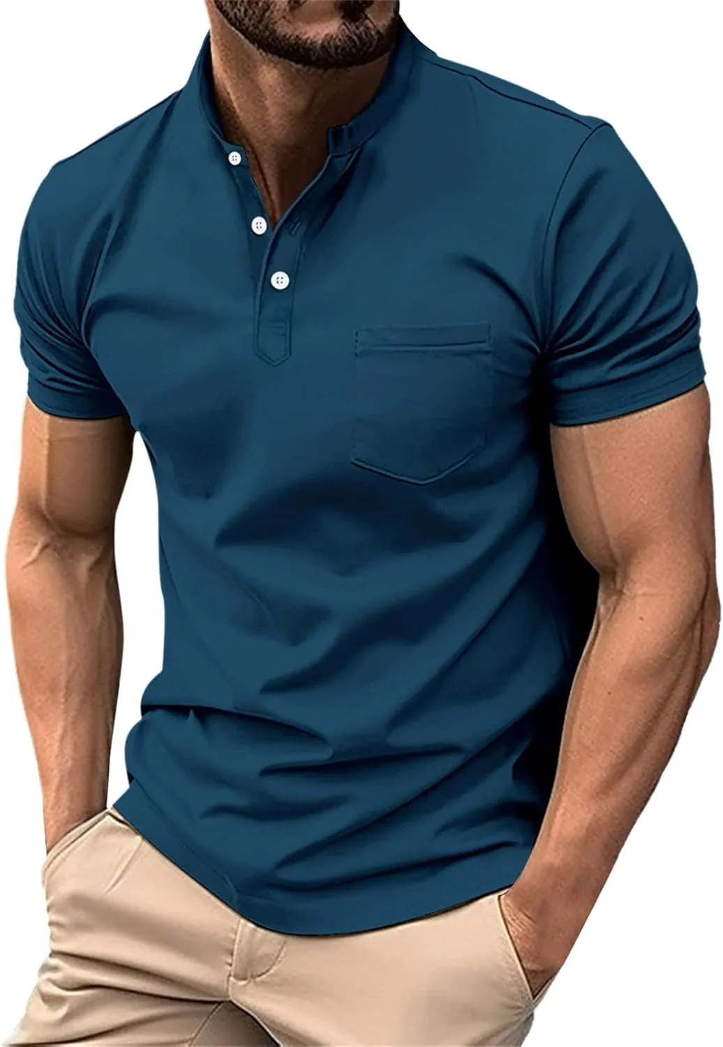 Men Polo Shirt with Pocket Trendy Short Sleeve Button Collar Polos Shirt Classic Loose Business Work T-Shirts Tees