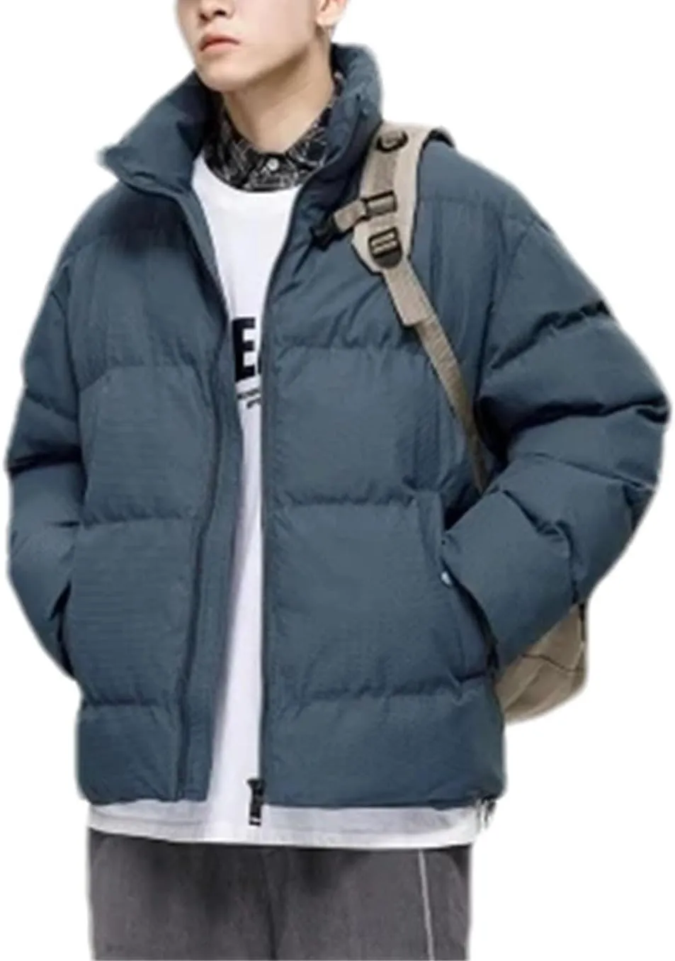 Men Solid Stand Collar Cotton-Padded Classic Outdoor Oversized Button Pockets Parka Coat