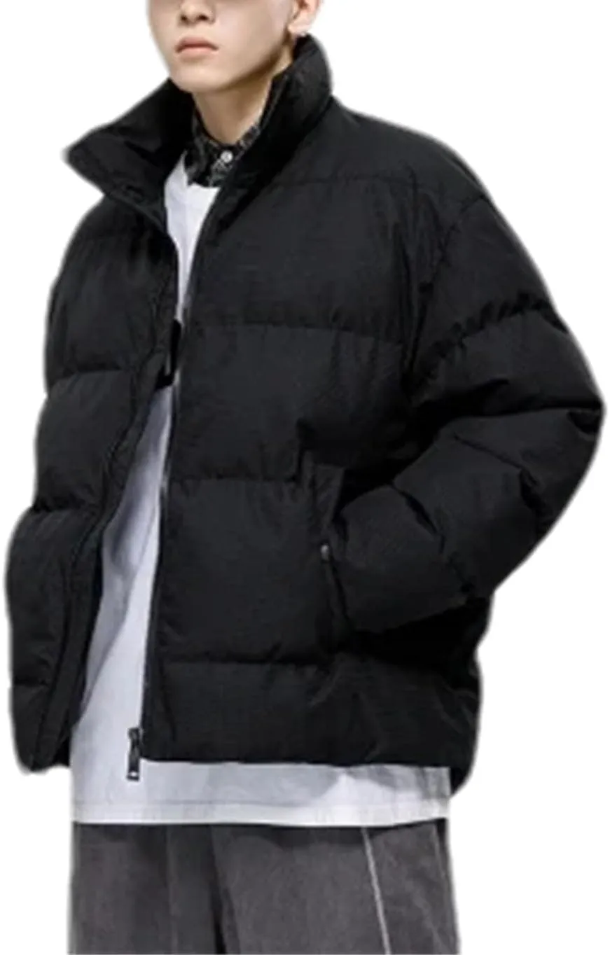 Men Solid Stand Collar Cotton-Padded Classic Outdoor Oversized Button Pockets Parka Coat