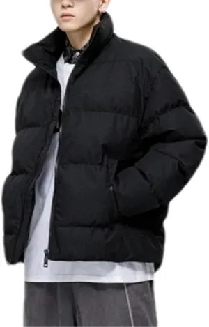 Men Solid Stand Collar Cotton-Padded Classic Outdoor Oversized Button Pockets Parka Coat