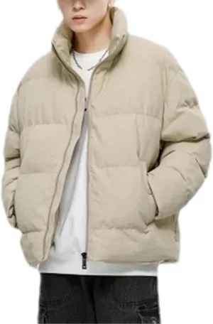 Men Solid Stand Collar Cotton-Padded Classic Outdoor Oversized Button Pockets Parka Coat