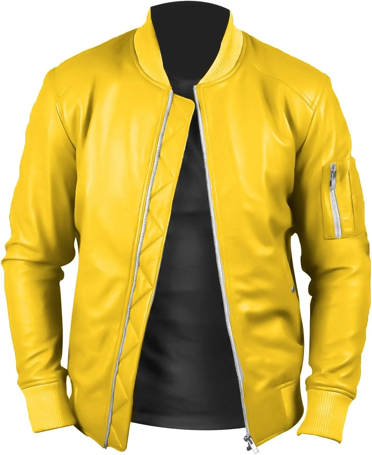 Men's 100% Real Lambskin Leather Yellow Bomber Jacket Stylish Flight Biker Jacket