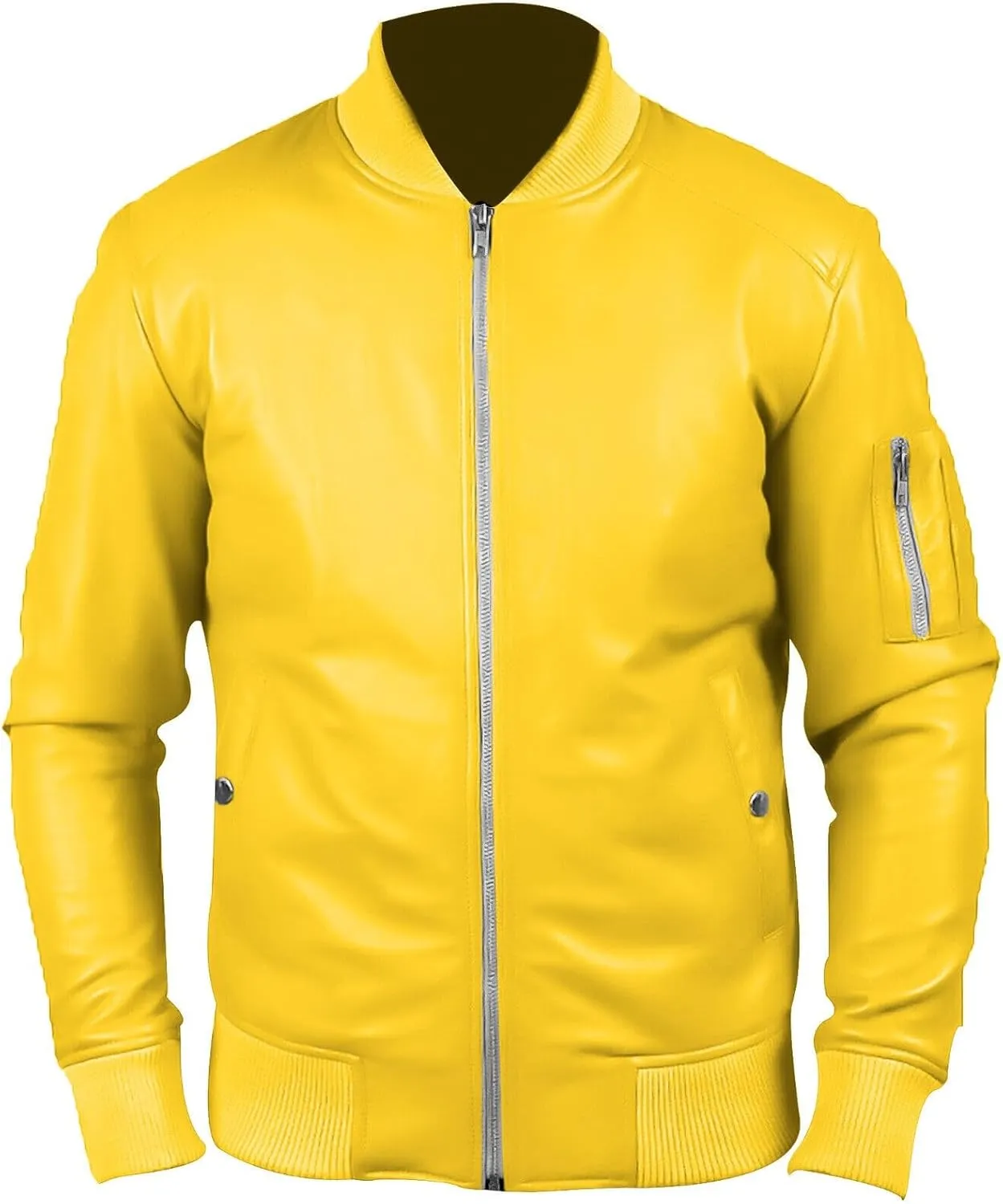Men's 100% Real Lambskin Leather Yellow Bomber Jacket Stylish Flight Biker Jacket