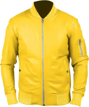 Men's 100% Real Lambskin Leather Yellow Bomber Jacket Stylish Flight Biker Jacket