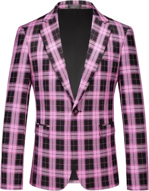 Mens Blazer Plaid Sport Coats One Button Casual Slim Fit Checked Jacket