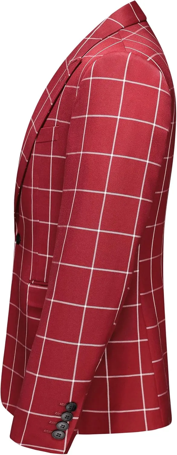 Mens Blazer Plaid Sport Coats One Button Casual Slim Fit Checked Jacket