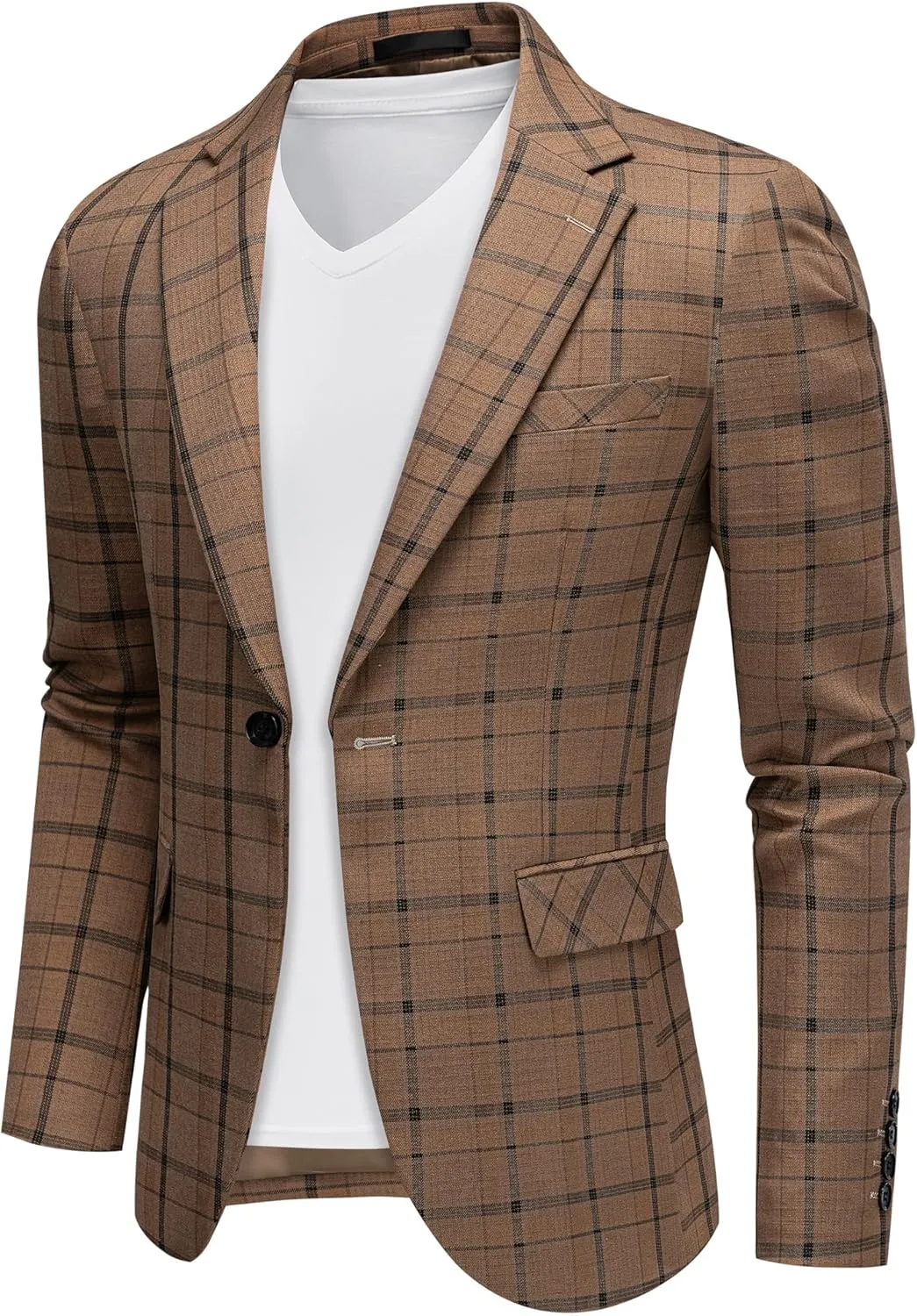 Mens Blazer Plaid Sport Coats One Button Casual Slim Fit Checked Jacket