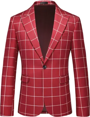 Mens Blazer Plaid Sport Coats One Button Casual Slim Fit Checked Jacket