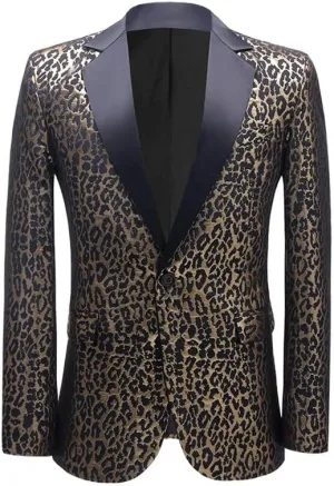 Men's Blazers Leopard Print Notched Lapel Suits Slim Fit Sequins Tuxedo Stylish Sport Coats Jackets