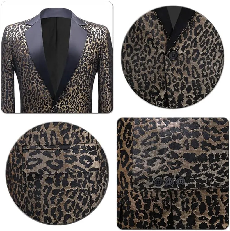 Men's Blazers Leopard Print Notched Lapel Suits Slim Fit Sequins Tuxedo Stylish Sport Coats Jackets