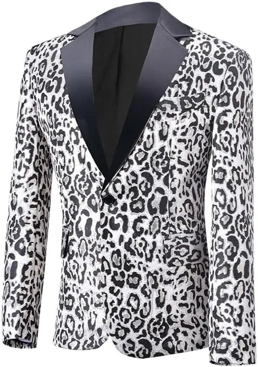 Men's Blazers Leopard Print Notched Lapel Suits Slim Fit Sequins Tuxedo Stylish Sport Coats Jackets
